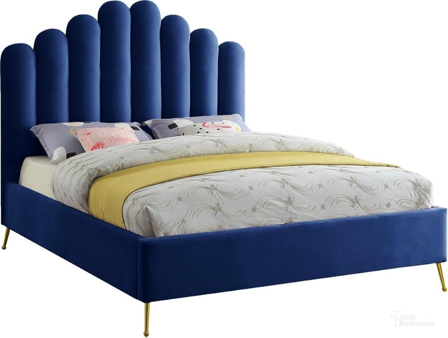 The appearance of Lily Navy Velvet King Bed designed by Meridian in the modern / contemporary interior design. This navy velvet piece of furniture  was selected by 1StopBedrooms from Lily Collection to add a touch of cosiness and style into your home. Sku: LilyNavy-K-1;LilyNavy-K-2. Bed Type: Platform Bed. Product Type: Platform Bed. Bed Size: King. Material: Velvet. Image1