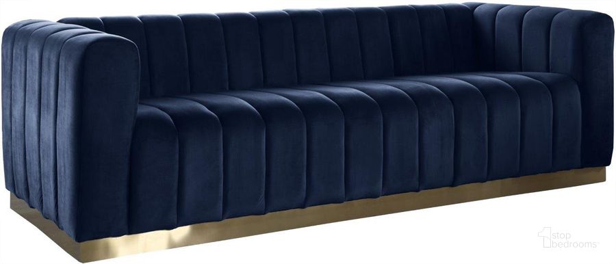 The appearance of Limerock Navy Velvet Sofa designed by Furnique in the modern / contemporary interior design. This navy piece of furniture  was selected by 1StopBedrooms from Limerock Collection to add a touch of cosiness and style into your home. Sku: 603Navy-S. Product Type: Sofa. Material: Velvet. Image1