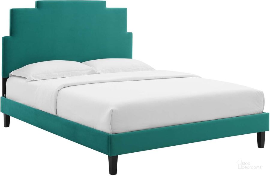 The appearance of Lindsey Performance Velvet Full Platform Bed MOD-6921-TEA designed by Modway in the modern / contemporary interior design. This teal piece of furniture  was selected by 1StopBedrooms from Lindsey Collection to add a touch of cosiness and style into your home. Sku: MOD-6921-TEA. Bed Type: Platform Bed. Product Type: Platform Bed. Bed Size: Full. Material: MDF. Image1