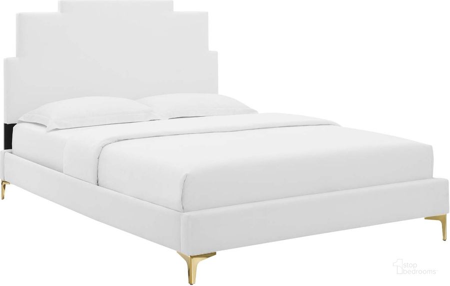 The appearance of Lindsey Performance Velvet King Platform Bed MOD-6925-WHI designed by Modway in the modern / contemporary interior design. This white piece of furniture  was selected by 1StopBedrooms from Lindsey Collection to add a touch of cosiness and style into your home. Sku: MOD-6925-WHI. Bed Type: Platform Bed. Product Type: Platform Bed. Bed Size: King. Material: MDF. Image1