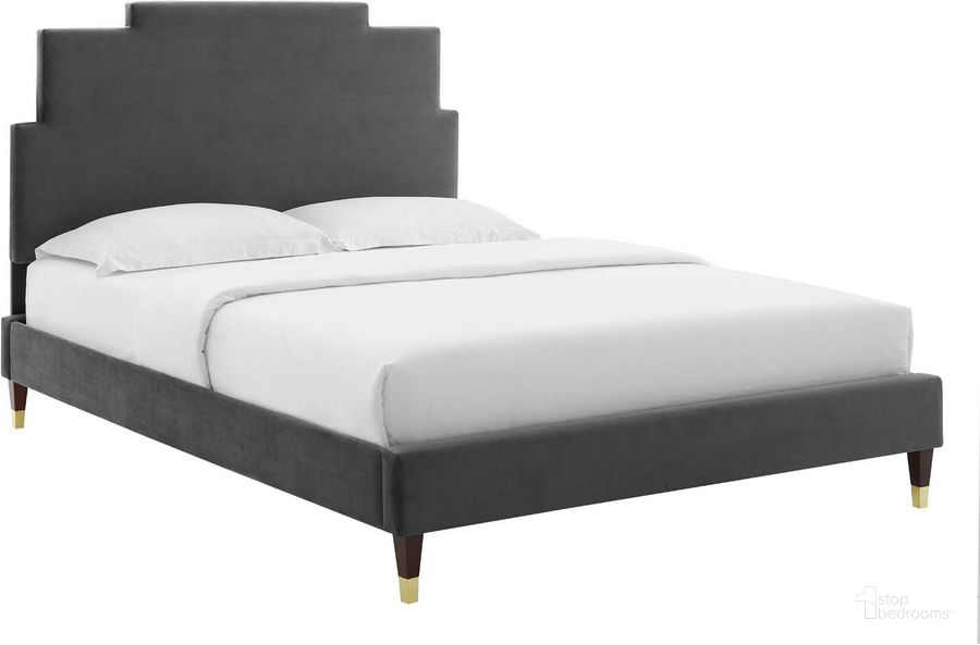 The appearance of Lindsey Performance Velvet King Platform Bed MOD-6926-CHA designed by Modway in the modern / contemporary interior design. This charcoal piece of furniture  was selected by 1StopBedrooms from Lindsey Collection to add a touch of cosiness and style into your home. Sku: MOD-6926-CHA. Bed Type: Platform Bed. Product Type: Platform Bed. Bed Size: King. Material: MDF. Image1