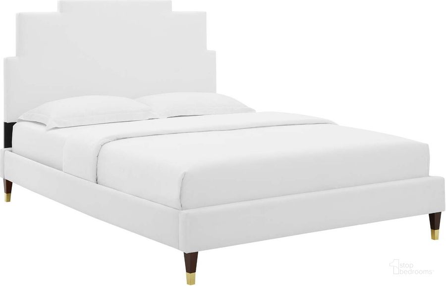 The appearance of Lindsey Performance Velvet King Platform Bed MOD-6926-WHI designed by Modway in the modern / contemporary interior design. This white piece of furniture  was selected by 1StopBedrooms from Lindsey Collection to add a touch of cosiness and style into your home. Sku: MOD-6926-WHI. Bed Type: Platform Bed. Product Type: Platform Bed. Bed Size: King. Material: MDF. Image1