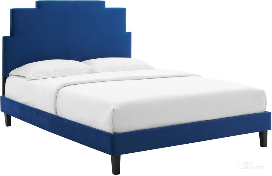 The appearance of Lindsey Performance Velvet King Platform Bed MOD-6927-NAV designed by Modway in the modern / contemporary interior design. This navy piece of furniture  was selected by 1StopBedrooms from Lindsey Collection to add a touch of cosiness and style into your home. Sku: MOD-6927-NAV. Bed Type: Platform Bed. Product Type: Platform Bed. Bed Size: King. Material: MDF. Image1