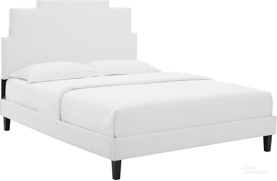 The appearance of Lindsey Performance Velvet King Platform Bed MOD-6927-WHI designed by Modway in the modern / contemporary interior design. This white piece of furniture  was selected by 1StopBedrooms from Lindsey Collection to add a touch of cosiness and style into your home. Sku: MOD-6927-WHI. Bed Type: Platform Bed. Product Type: Platform Bed. Bed Size: King. Material: MDF. Image1