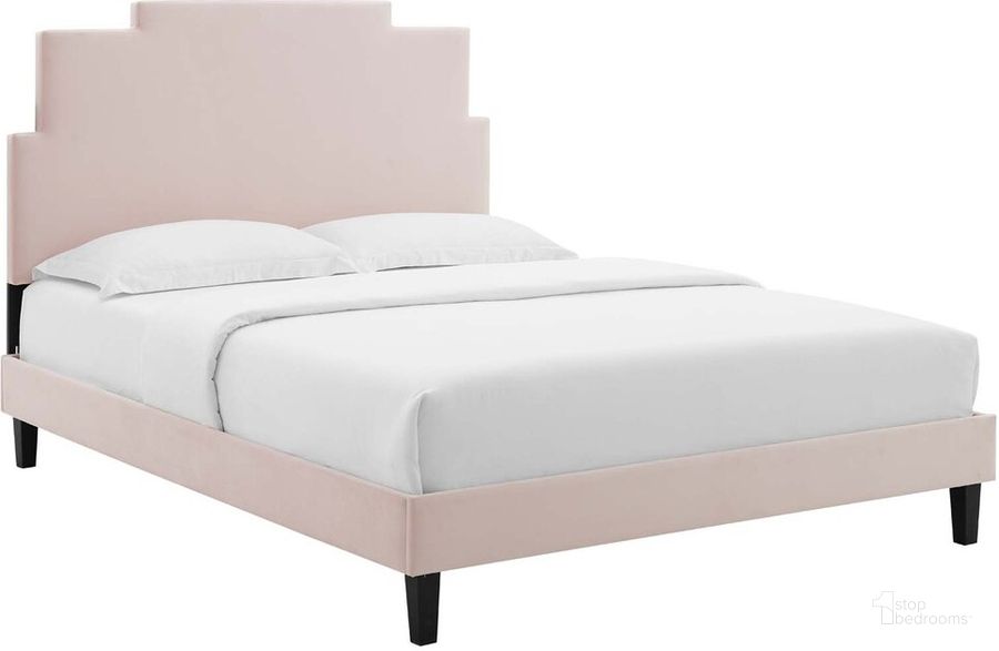 The appearance of Lindsey Performance Velvet Queen Platform Bed In Pink designed by Modway in the modern / contemporary interior design. This pink piece of furniture  was selected by 1StopBedrooms from Lindsey Collection to add a touch of cosiness and style into your home. Sku: MOD-6705-PNK. Bed Type: Platform Bed. Product Type: Platform Bed. Bed Size: Queen. Material: MDF. Image1