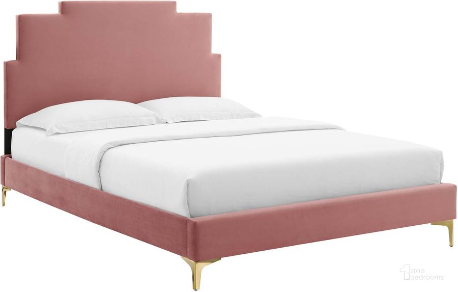 The appearance of Lindsey Performance Velvet Twin Platform Bed MOD-6895-DUS designed by Modway in the modern / contemporary interior design. This dusty rose piece of furniture  was selected by 1StopBedrooms from Lindsey Collection to add a touch of cosiness and style into your home. Sku: MOD-6895-DUS. Bed Type: Platform Bed. Product Type: Platform Bed. Bed Size: Twin. Material: MDF. Image1