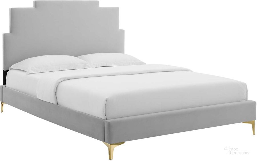The appearance of Lindsey Performance Velvet Twin Platform Bed MOD-6895-LGR designed by Modway in the modern / contemporary interior design. This light gray piece of furniture  was selected by 1StopBedrooms from Lindsey Collection to add a touch of cosiness and style into your home. Sku: MOD-6895-LGR. Bed Type: Platform Bed. Product Type: Platform Bed. Bed Size: Twin. Material: MDF. Image1