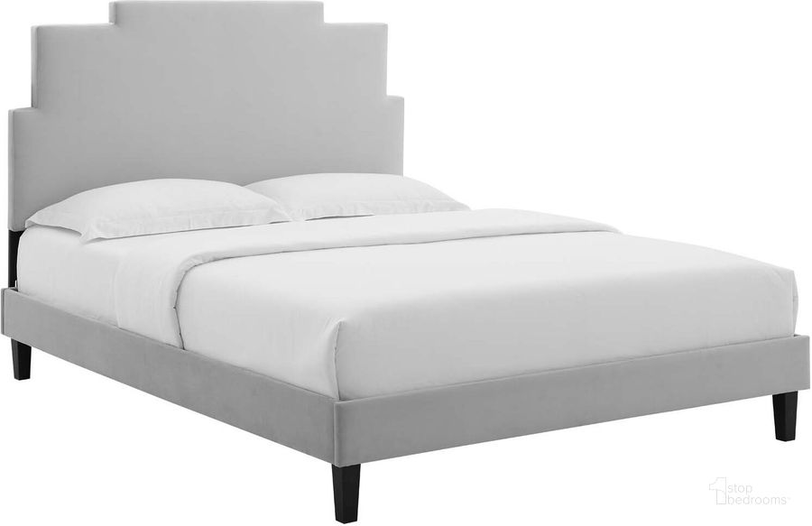 The appearance of Lindsey Performance Velvet Twin Platform Bed MOD-6897-LGR designed by Modway in the modern / contemporary interior design. This light gray piece of furniture  was selected by 1StopBedrooms from Lindsey Collection to add a touch of cosiness and style into your home. Sku: MOD-6897-LGR. Bed Type: Platform Bed. Product Type: Platform Bed. Bed Size: Twin. Material: MDF. Image1