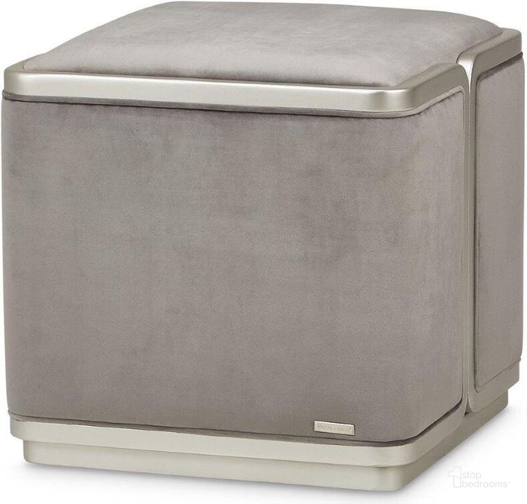 The appearance of Linea Velvet Ottoman In Gray Pearl/Silver Mist designed by AICO in the transitional interior design. This silver piece of furniture  was selected by 1StopBedrooms from Linea Collection to add a touch of cosiness and style into your home. Sku: NLRU-LNEA875-GPL-823. Material: Polyester. Product Type: Ottoman. Image1