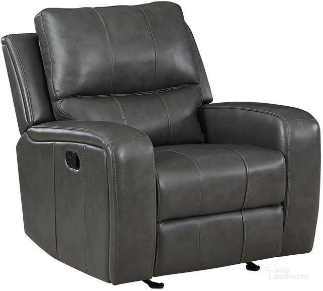 The appearance of Linton Gray Leather Glider Recliner designed by New Classic in the traditional interior design. This gray piece of furniture  was selected by 1StopBedrooms from Linton Collection to add a touch of cosiness and style into your home. Sku: L1721-13-DGR. Product Type: Recliner. Image1
