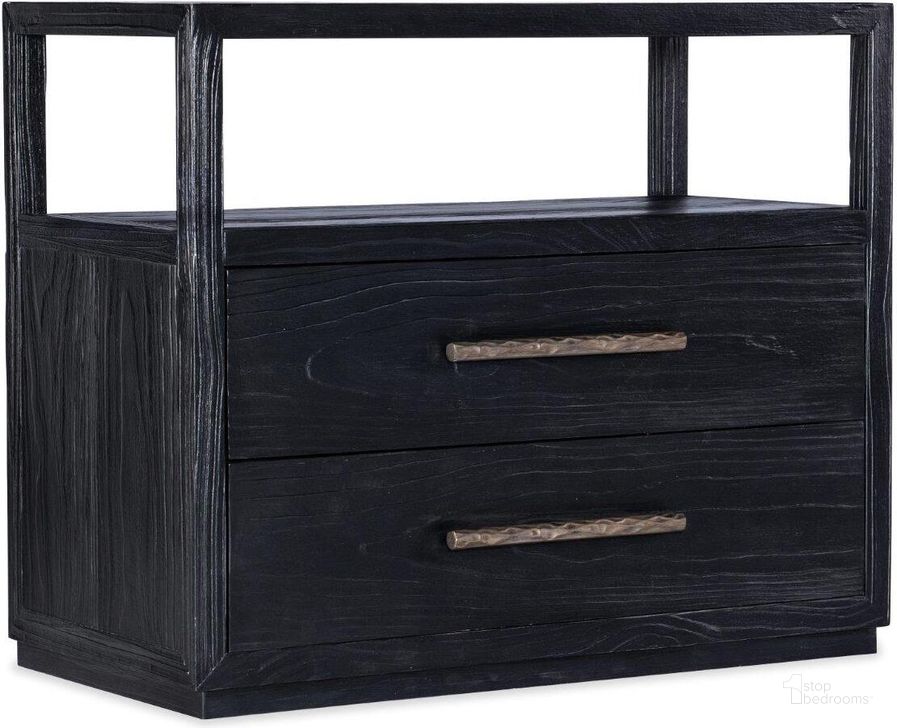 The appearance of Linville Falls Shou Sugi Ban Two Drawer Nightstand designed by Hooker in the transitional interior design. This black piece of furniture  was selected by 1StopBedrooms from Linville Collection to add a touch of cosiness and style into your home. Sku: 6150-90016-99. Product Type: Nightstand. Material: Wood Veneer. Image1