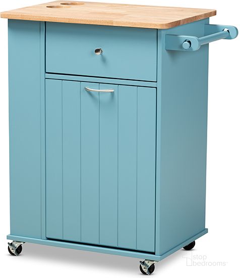 The appearance of Liona Modern And Contemporary Sky Blue Finished Wood Kitchen Storage Cart designed by Baxton Studio in the modern / contemporary interior design. This natural piece of furniture  was selected by 1StopBedrooms from Liona Collection to add a touch of cosiness and style into your home. Sku: RT599-OCC-Natural/Sky Blue-Cart. Product Type: Kitchen Cart. Material: Rubberwood. Image1