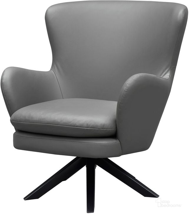 The appearance of Lionel Grey Leather Fan Back Swivel Accent Chair designed by Coast to Coast in the modern / contemporary interior design. This grey piece of furniture  was selected by 1StopBedrooms from Lionel Collection to add a touch of cosiness and style into your home. Sku: 90303. Material: Wood. Product Type: Swivel Chair. Image1