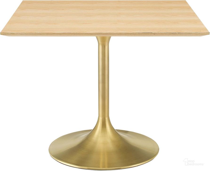 The appearance of Lippa 40 Inch Square Wood Dining Table In Natural and Gold designed by Modway in the modern / contemporary interior design. This natural and gold piece of furniture  was selected by 1StopBedrooms from Lippa Collection to add a touch of cosiness and style into your home. Sku: EEI-5235-GLD-NAT. Table Base Style: Pedestal. Table Top Shape: Square. Material: Wood. Product Type: Dining Table. Size: 40". Image1