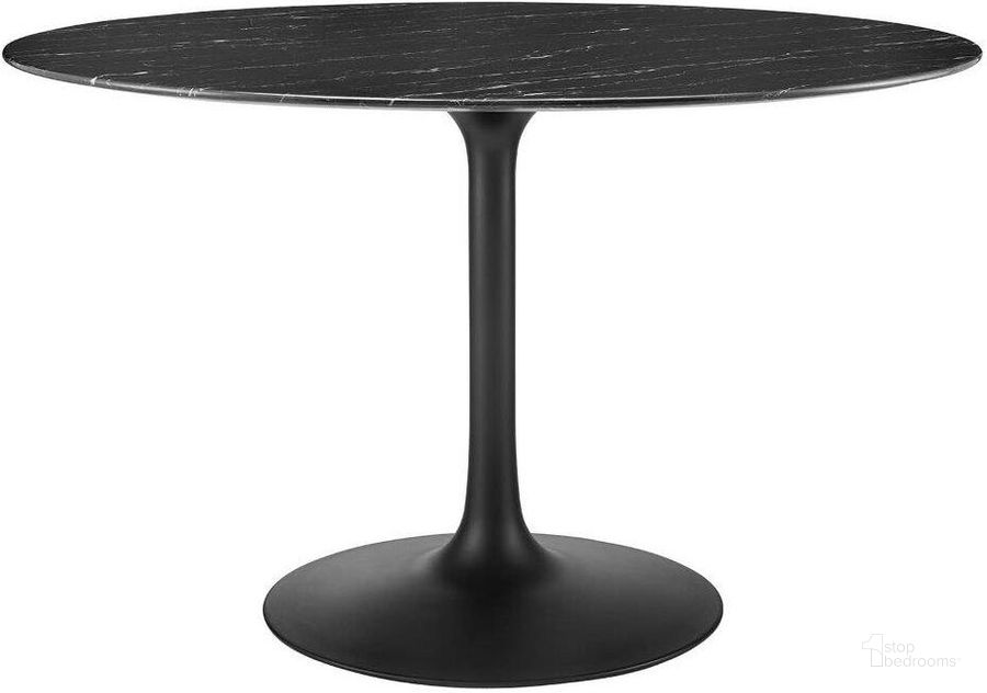 The appearance of Lippa 47 Inch Artificial Marble Dining Table In Black EEI-4877-BLK-BLK designed by Modway in the modern / contemporary interior design. This black piece of furniture  was selected by 1StopBedrooms from Lippa Collection to add a touch of cosiness and style into your home. Sku: EEI-4877-BLK-BLK. Table Base Style: Pedestal. Table Top Shape: Round. Material: Wood. Product Type: Dining Table. Size: 47". Image1