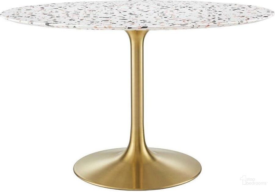 The appearance of Lippa 47 Inch  Round Terrazzo Dining Table In Gold White designed by Modway in the modern / contemporary interior design. This gold white piece of furniture  was selected by 1StopBedrooms from Lippa Collection to add a touch of cosiness and style into your home. Sku: EEI-5730-GLD-WHI. Table Base Style: Pedestal. Table Top Shape: Round. Material: Metal. Product Type: Dining Table. Size: 47". Image1