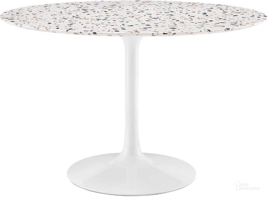 The appearance of Lippa 47 Inch  Round Terrazzo Dining Table In White designed by Modway in the modern / contemporary interior design. This white piece of furniture  was selected by 1StopBedrooms from Lippa Collection to add a touch of cosiness and style into your home. Sku: EEI-5728-WHI-WHI. Table Base Style: Pedestal. Table Top Shape: Round. Material: Metal. Product Type: Dining Table. Size: 47". Image1