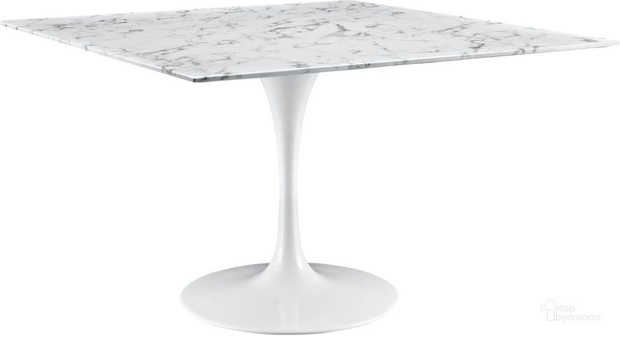 The appearance of Lippa 48 Inch Square Artificial Marble Dining Table In White designed by Modway in the  interior design. This white piece of furniture  was selected by 1StopBedrooms from Lippa Collection to add a touch of cosiness and style into your home. Sku: EEI-1638-WHI. Table Base Style: Pedestal. Table Top Shape: Square. Material: Aluminum. Product Type: Dining Table. Size: 48". Image1