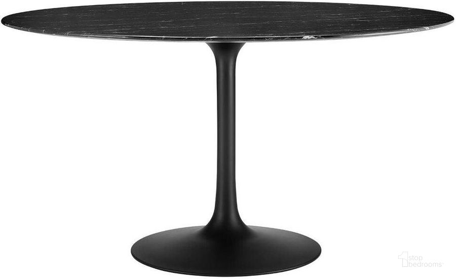 The appearance of Lippa 54 Inch Artificial Marble Dining Table In Black EEI-4878-BLK-BLK designed by Modway in the modern / contemporary interior design. This black piece of furniture  was selected by 1StopBedrooms from Lippa Collection to add a touch of cosiness and style into your home. Sku: EEI-4878-BLK-BLK. Table Base Style: Pedestal. Table Top Shape: Round. Material: Wood. Product Type: Dining Table. Size: 54". Image1