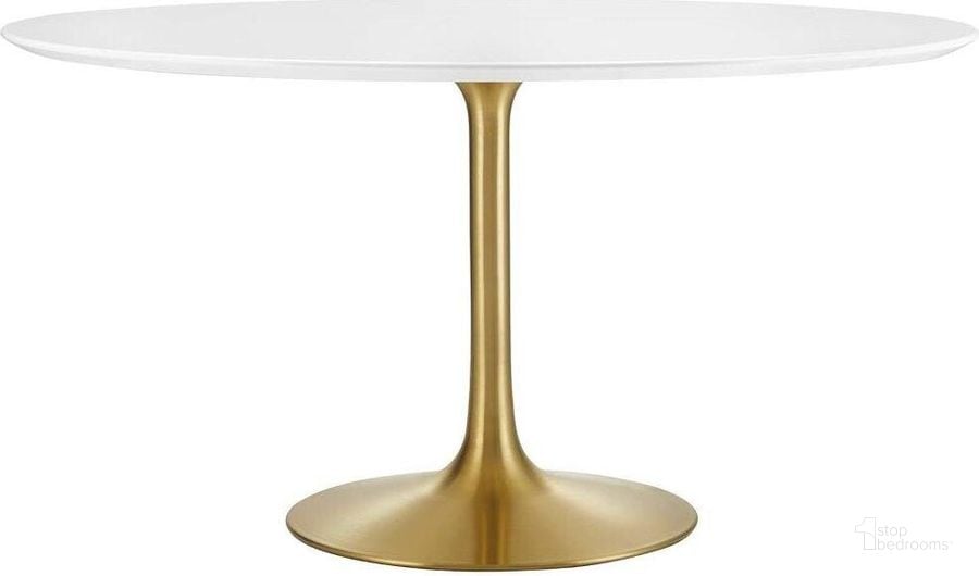 The appearance of Lippa 54 Inch  Round Wood Dining Table In Gold White designed by Modway in the modern / contemporary interior design. This gold white piece of furniture  was selected by 1StopBedrooms from Lippa Collection to add a touch of cosiness and style into your home. Sku: EEI-3228-GLD-WHI. Table Base Style: Pedestal. Table Top Shape: Round. Product Type: Dining Table. Material: MDF. Size: 54". Image1