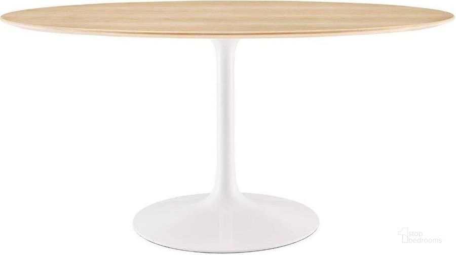 The appearance of Lippa 60 Inch Oval Dining Table EEI-5195-WHI-NAT designed by Modway in the modern / contemporary interior design. This white natural piece of furniture  was selected by 1StopBedrooms from Lippa Collection to add a touch of cosiness and style into your home. Sku: EEI-5195-WHI-NAT. Table Base Style: Pedestal. Table Top Shape: Oval. Product Type: Dining Table. Material: MDF. Size: 60". Image1