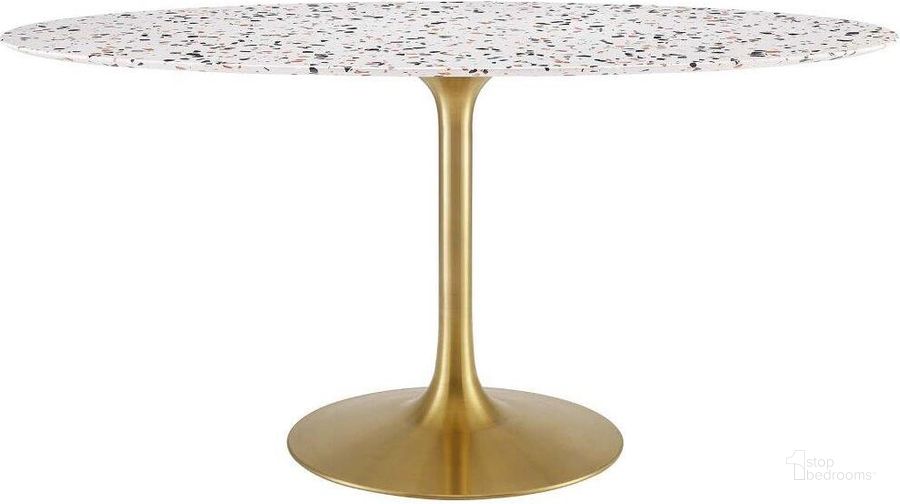 The appearance of Lippa 60 Inch  Oval Terrazzo Dining Table In Gold White designed by Modway in the modern / contemporary interior design. This gold white piece of furniture  was selected by 1StopBedrooms from Lippa Collection to add a touch of cosiness and style into your home. Sku: EEI-5736-GLD-WHI. Table Base Style: Pedestal. Table Top Shape: Oval. Product Type: Dining Table. Size: 60". Image1