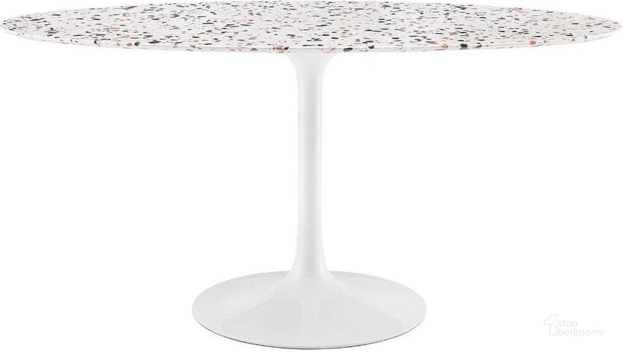 The appearance of Lippa 60 Inch  Oval Terrazzo Dining Table In White designed by Modway in the modern / contemporary interior design. This white piece of furniture  was selected by 1StopBedrooms from Lippa Collection to add a touch of cosiness and style into your home. Sku: EEI-5734-WHI-WHI. Table Base Style: Pedestal. Table Top Shape: Oval. Product Type: Dining Table. Size: 60". Image1