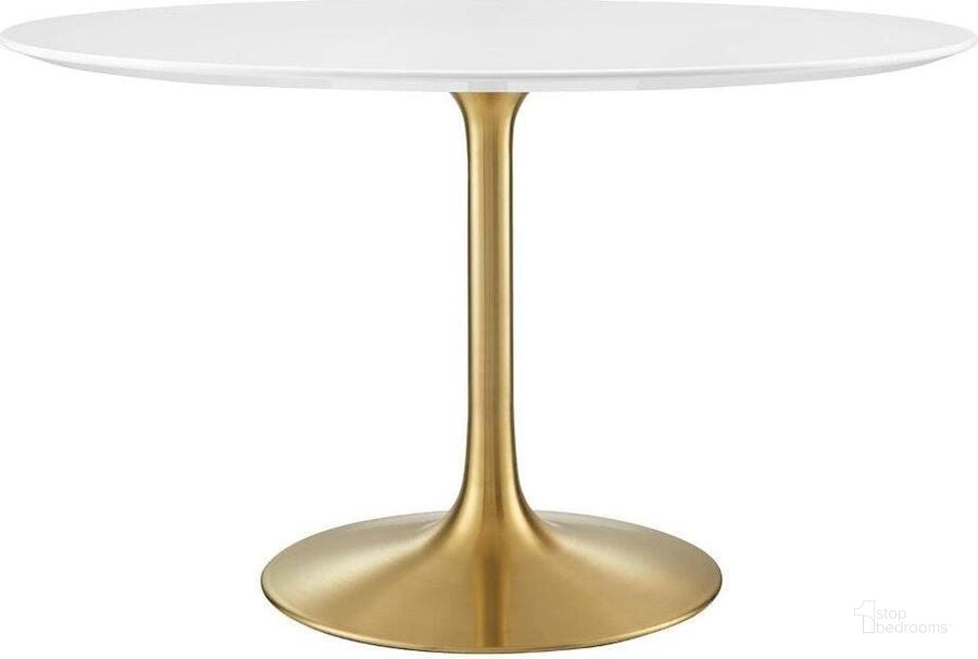 The appearance of Lippa Gold and White 47 Inch Round Wood Dining Table designed by Modway in the modern / contemporary interior design. This gold and white piece of furniture  was selected by 1StopBedrooms from Lippa Collection to add a touch of cosiness and style into your home. Sku: EEI-3227-GLD-WHI. Table Base Style: Pedestal. Table Top Shape: Round. Product Type: Dining Table. Material: MDF. Size: 47". Image1
