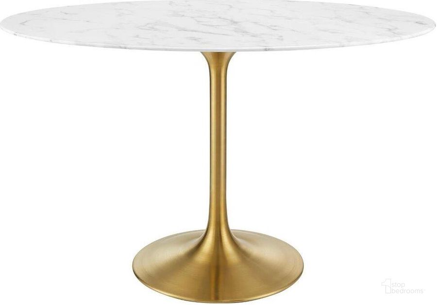The appearance of Lippa Gold and White 48 Inch Oval Artificial Marble Dining Table designed by Modway in the modern / contemporary interior design. This gold and white piece of furniture  was selected by 1StopBedrooms from Lippa Collection to add a touch of cosiness and style into your home. Sku: EEI-3216-GLD-WHI. Table Base Style: Pedestal. Table Top Shape: Oval. Product Type: Dining Table. Material: MDF. Size: 48". Image1
