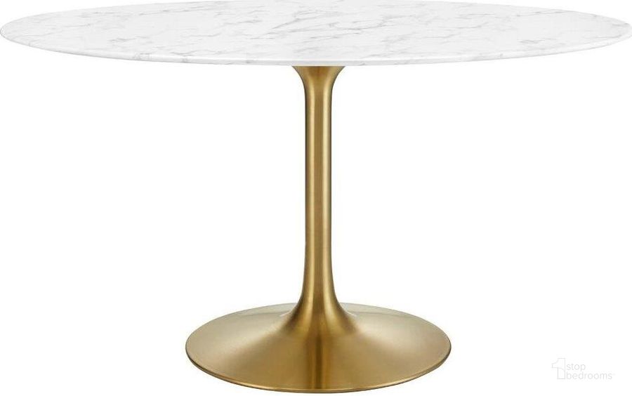 The appearance of Lippa Gold and White 54 Inch Oval Artificial Marble Dining Table EEI-3235-GLD-WHI designed by Modway in the modern / contemporary interior design. This gold and white piece of furniture  was selected by 1StopBedrooms from Lippa Collection to add a touch of cosiness and style into your home. Sku: EEI-3235-GLD-WHI. Table Base Style: Pedestal. Table Top Shape: Oval. Product Type: Dining Table. Material: MDF. Size: 54". Image1