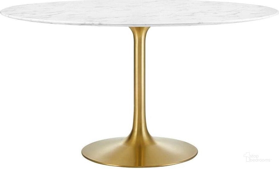 The appearance of Lippa Gold and White 54 Inch Round Artificial Marble Dining Table designed by Modway in the modern / contemporary interior design. This gold and white piece of furniture  was selected by 1StopBedrooms from Lippa Collection to add a touch of cosiness and style into your home. Sku: EEI-3233-GLD-WHI. Table Base Style: Pedestal. Table Top Shape: Round. Product Type: Dining Table. Material: MDF. Size: 54". Image1