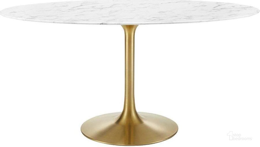 The appearance of Lippa Gold and White 60 Inch Oval Artificial Marble Dining Table designed by Modway in the modern / contemporary interior design. This gold and white piece of furniture  was selected by 1StopBedrooms from Lippa Collection to add a touch of cosiness and style into your home. Sku: EEI-3236-GLD-WHI. Table Base Style: Pedestal. Table Top Shape: Oval. Product Type: Dining Table. Material: MDF. Size: 60". Image1