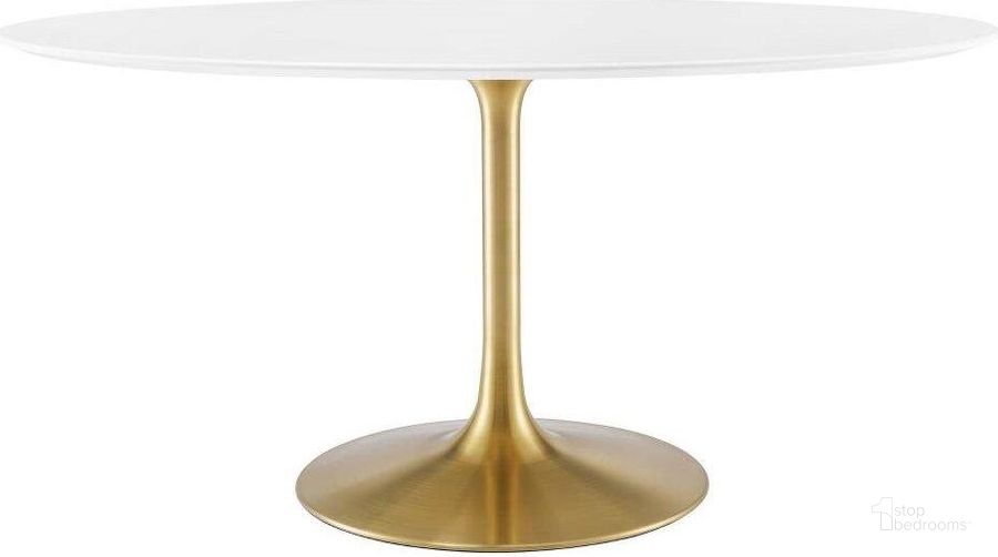 The appearance of Lippa Gold and White 60 Inch Oval Wood Dining Table EEI-3254-GLD-WHI designed by Modway in the modern / contemporary interior design. This gold and white piece of furniture  was selected by 1StopBedrooms from Lippa Collection to add a touch of cosiness and style into your home. Sku: EEI-3254-GLD-WHI. Table Base Style: Pedestal. Table Top Shape: Oval. Product Type: Dining Table. Material: MDF. Size: 60". Image1