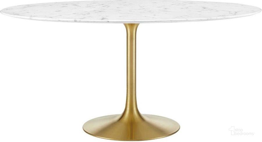 The appearance of Lippa Gold and White 60 Inch Round Artificial Marble Dining Table designed by Modway in the modern / contemporary interior design. This gold and white piece of furniture  was selected by 1StopBedrooms from Lippa Collection to add a touch of cosiness and style into your home. Sku: EEI-3234-GLD-WHI. Table Base Style: Pedestal. Table Top Shape: Round. Product Type: Dining Table. Material: MDF. Size: 60". Image1