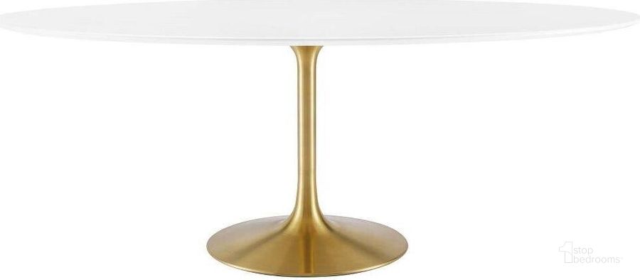 The appearance of Lippa Gold and White 78 Inch Oval Wood Dining Table designed by Modway in the modern / contemporary interior design. This gold and white piece of furniture  was selected by 1StopBedrooms from Lippa Collection to add a touch of cosiness and style into your home. Sku: EEI-3255-GLD-WHI. Table Base Style: Pedestal. Table Top Shape: Oval. Product Type: Dining Table. Material: MDF. Size: 78". Image1