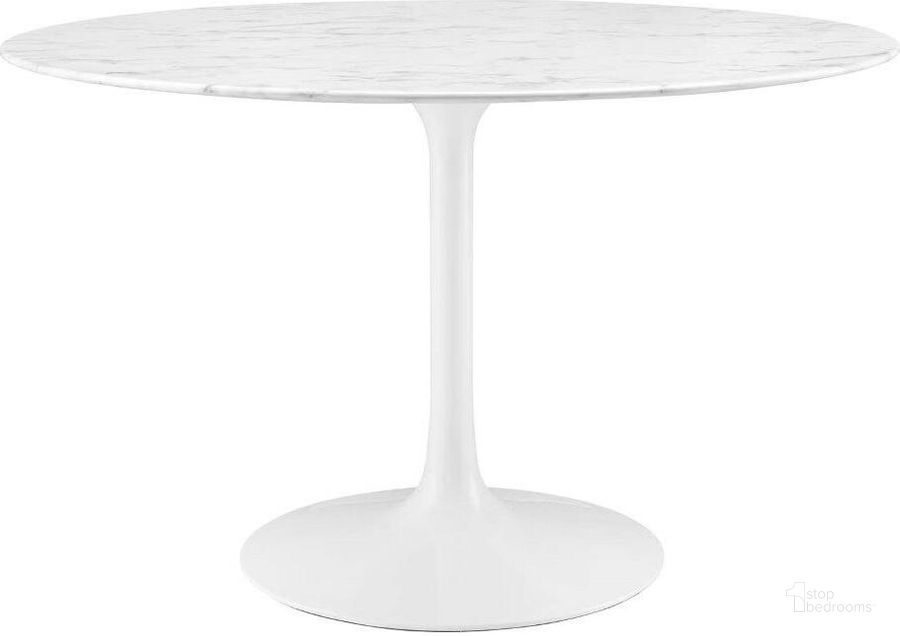 The appearance of Lippa White 47 Inch Round Artificial Marble Dining Table EEI-1131-WHI designed by Modway in the modern / contemporary interior design. This white piece of furniture  was selected by 1StopBedrooms from Lippa Collection to add a touch of cosiness and style into your home. Sku: EEI-1131-WHI. Table Base Style: Pedestal. Table Top Shape: Round. Product Type: Dining Table. Material: MDF. Size: 47". Image1