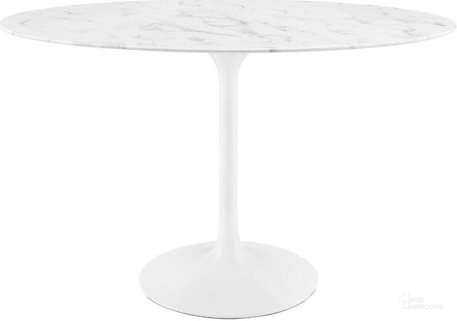 The appearance of Lippa White 48 Inch Oval Artificial Marble Dining Table designed by Modway in the modern / contemporary interior design. This white piece of furniture  was selected by 1StopBedrooms from Lippa Collection to add a touch of cosiness and style into your home. Sku: EEI-2021-WHI. Table Base Style: Pedestal. Table Top Shape: Oval. Product Type: Dining Table. Material: MDF. Size: 48". Image1