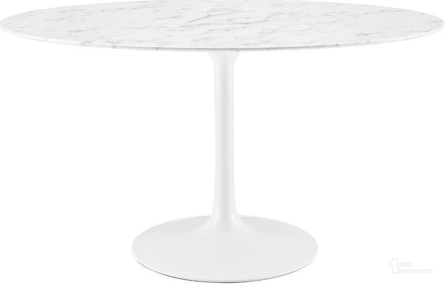 The appearance of Lippa White 54 Inch Oval Artificial Marble Dining Table designed by Modway in the modern / contemporary interior design. This white piece of furniture  was selected by 1StopBedrooms from Lippa Collection to add a touch of cosiness and style into your home. Sku: EEI-1134-WHI. Table Base Style: Pedestal. Table Top Shape: Oval. Product Type: Dining Table. Material: MDF. Size: 54". Image1