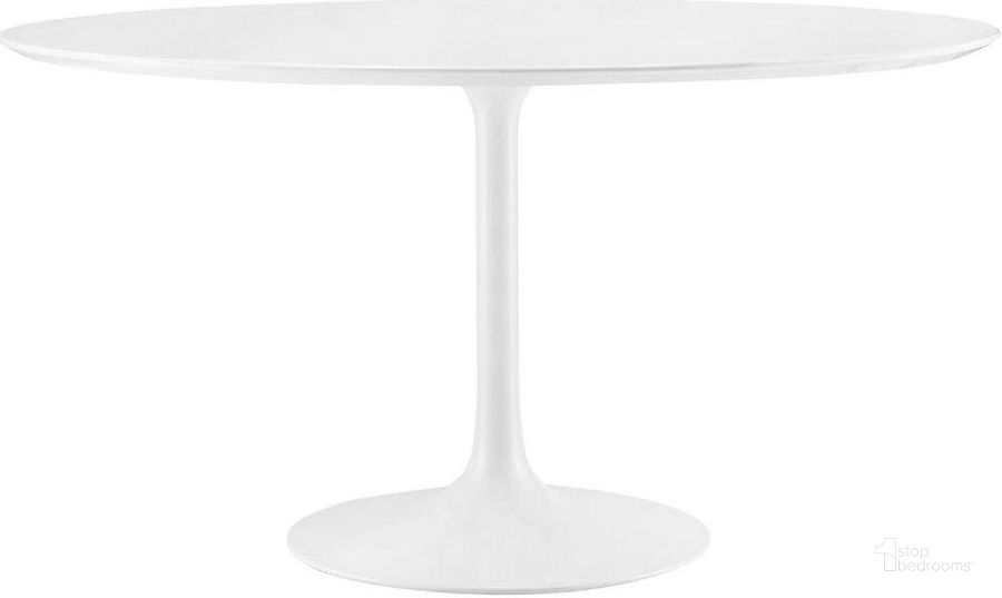 The appearance of Lippa White 54 Inch Round Wood Top Dining Table designed by Modway in the modern / contemporary interior design. This white piece of furniture  was selected by 1StopBedrooms from Lippa Collection to add a touch of cosiness and style into your home. Sku: EEI-1119-WHI. Table Base Style: Pedestal. Table Top Shape: Round. Product Type: Dining Table. Material: MDF. Size: 54". Image1