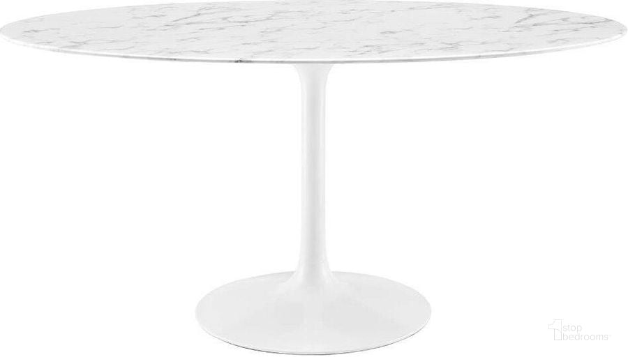 The appearance of Lippa White 60 Inch Oval Artificial Marble Dining Table designed by Modway in the modern / contemporary interior design. This white piece of furniture  was selected by 1StopBedrooms from Lippa Collection to add a touch of cosiness and style into your home. Sku: EEI-1135-WHI. Table Base Style: Pedestal. Table Top Shape: Oval. Product Type: Dining Table. Material: MDF. Size: 60". Image1