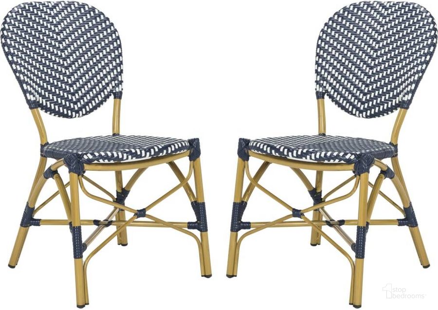The appearance of Lisbeth Navy and White French Bistro Stacking Side Chair designed by Safavieh in the transitional interior design. This white navy piece of furniture  was selected by 1StopBedrooms from Lisbeth Collection to add a touch of cosiness and style into your home. Sku: PAT4010A-SET2. Product Type: Side Chair. Material: Aluminium. Image1