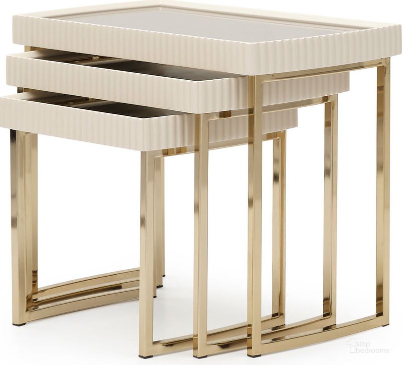 The appearance of Lisbon Nesting Tables Set of 3 In Silken Matte Cream designed by AICO in the transitional interior design. This silken matte cream piece of furniture  was selected by 1StopBedrooms from Lisbon Collection to add a touch of cosiness and style into your home. Sku: LFR-LSBN224-140. Material: MDF. Product Type: Nesting Table. Image1