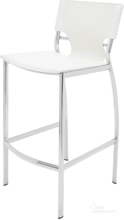 The appearance of Lisbon White Leather Bar Stool designed by Nuevo in the modern / contemporary interior design. This white piece of furniture  was selected by 1StopBedrooms from Lisbon Collection to add a touch of cosiness and style into your home. Sku: HGGA217. Material: Metal. Product Type: Barstool. Image1