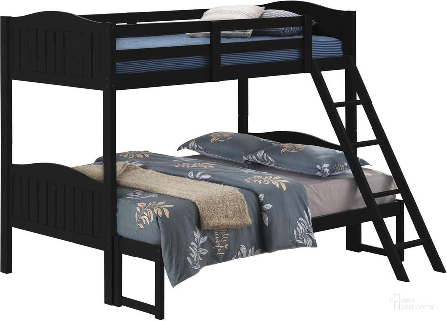 The appearance of Littleton Black Slated Twin Over Full Bunk Bed designed by Coaster in the transitional interior design. This black piece of furniture  was selected by 1StopBedrooms from Littleton Collection to add a touch of cosiness and style into your home. Sku: 405050BLK;405053BLKB1;405053BLKB2. Bed Type: Bunk Bed. Product Type: Bunk Bed. Material: MDF. Bed Size: Twin Over Full. Image1