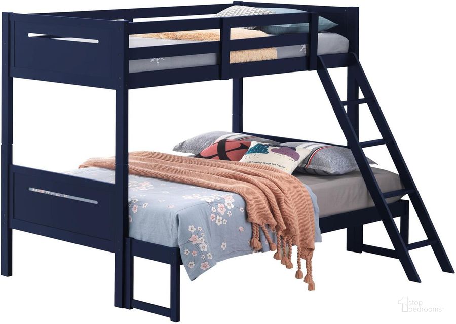 The appearance of Littleton Blue Twin Over Full Bunk Bed designed by Coaster in the transitional interior design. This blue piece of furniture  was selected by 1StopBedrooms from Littleton Collection to add a touch of cosiness and style into your home. Sku: 405050BLU;405051BLUB1;405051BLUB2. Bed Type: Bunk Bed. Product Type: Bunk Bed. Material: MDF. Bed Size: Twin Over Full. Image1