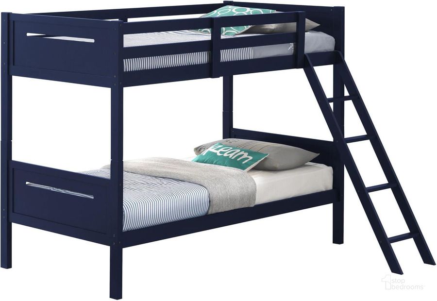 The appearance of Littleton Blue Twin Over Twin Bunk Bed designed by Coaster in the transitional interior design. This blue piece of furniture  was selected by 1StopBedrooms from Littleton Collection to add a touch of cosiness and style into your home. Sku: 405051BLUB1;405051BLUB2. Bed Type: Bunk Bed. Product Type: Bunk Bed. Material: MDF. Bed Size: Twin Over Twin. Image1