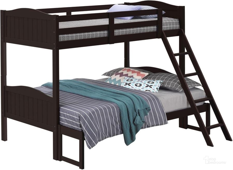 The appearance of Littleton Espresso Slated Twin Over Full Bunk Bed designed by Coaster in the transitional interior design. This brown piece of furniture  was selected by 1StopBedrooms from Littleton Collection to add a touch of cosiness and style into your home. Sku: 405050BRN;405053BRNB1;405053BRNB2. Bed Type: Bunk Bed. Product Type: Bunk Bed. Material: MDF. Bed Size: Twin Over Full. Image1