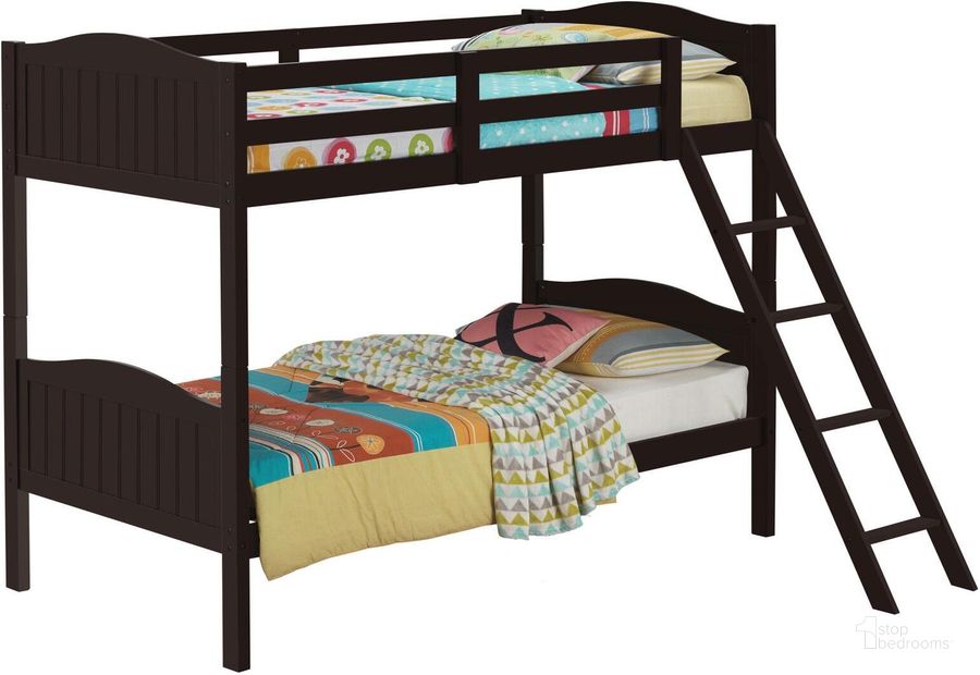 The appearance of Littleton Espresso Slated Twin Over Twin Bunk Bed designed by Coaster in the transitional interior design. This brown piece of furniture  was selected by 1StopBedrooms from Littleton Collection to add a touch of cosiness and style into your home. Sku: 405053BRNB1;405053BRNB2. Bed Type: Bunk Bed. Product Type: Bunk Bed. Material: MDF. Bed Size: Twin Over Twin. Image1