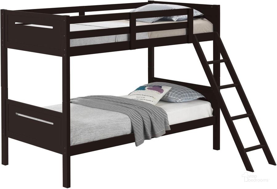 The appearance of Littleton Espresso Twin Over Twin Bunk Bed designed by Coaster in the transitional interior design. This brown piece of furniture  was selected by 1StopBedrooms from Littleton Collection to add a touch of cosiness and style into your home. Sku: 405051BRNB1;405051BRNB2. Bed Type: Bunk Bed. Product Type: Bunk Bed. Material: MDF. Bed Size: Twin Over Twin. Image1