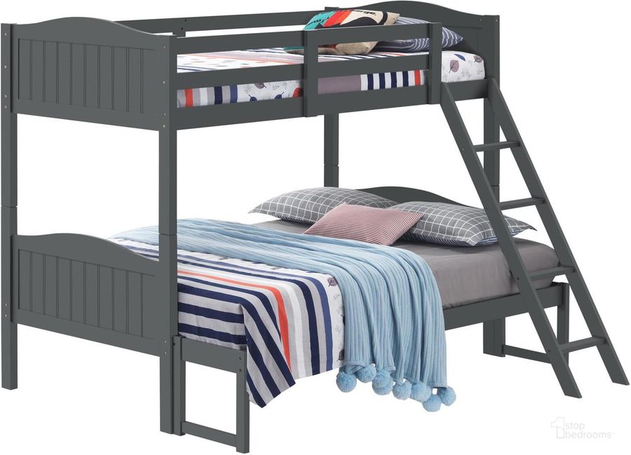 The appearance of Littleton Grey Slated Twin Over Full Bunk Bed designed by Coaster in the transitional interior design. This gray piece of furniture  was selected by 1StopBedrooms from Littleton Collection to add a touch of cosiness and style into your home. Sku: 405050GRY;405053GRYB1;405053GRYB2. Bed Type: Bunk Bed. Product Type: Bunk Bed. Material: MDF. Bed Size: Twin Over Full. Image1